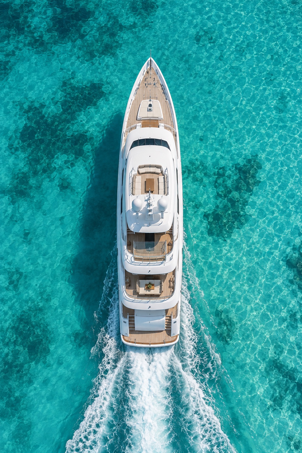 A 45 meter motor yacht cruising through clear Bahamian water