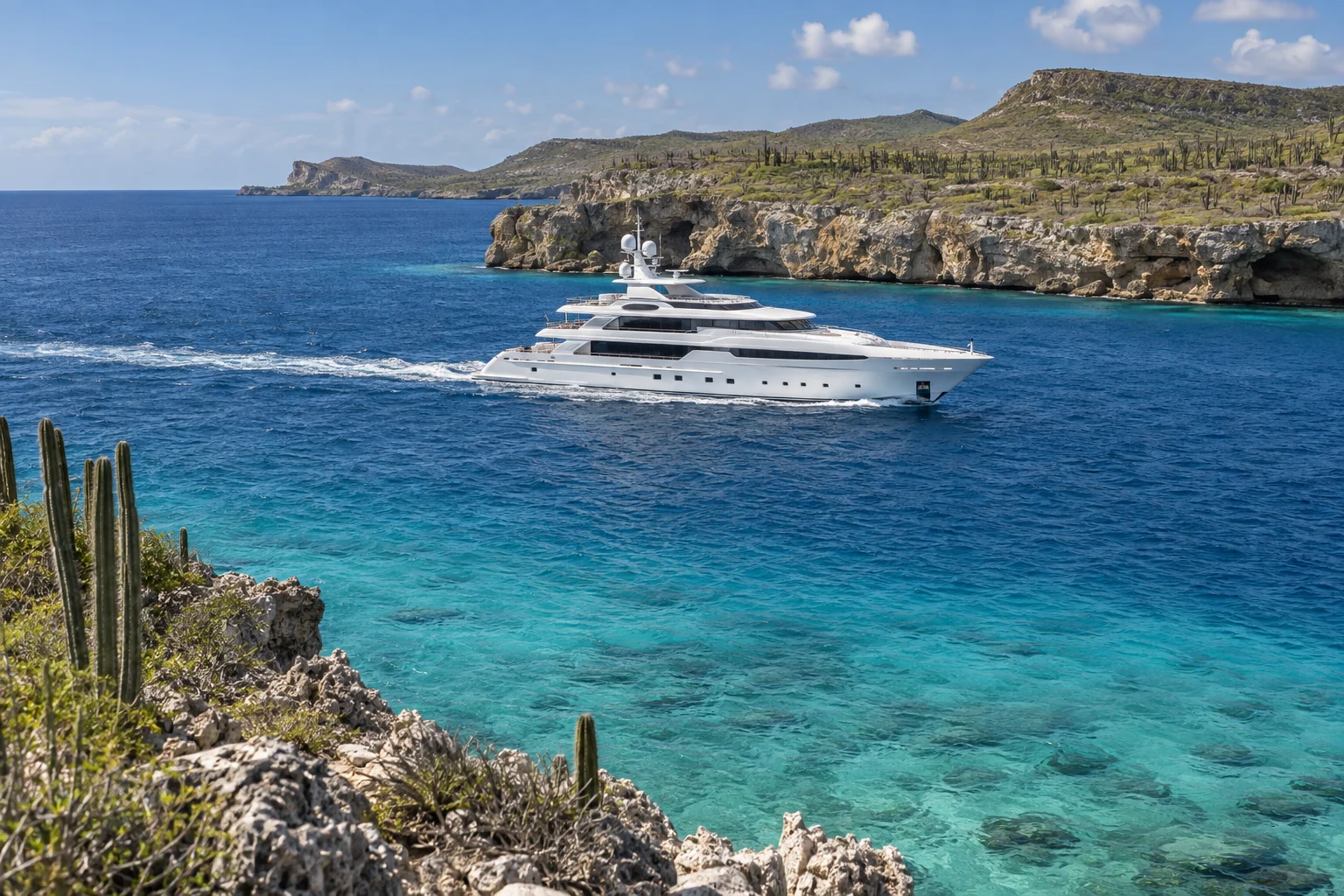 Motor yacht cruising beside the arid coastline of Curaçao