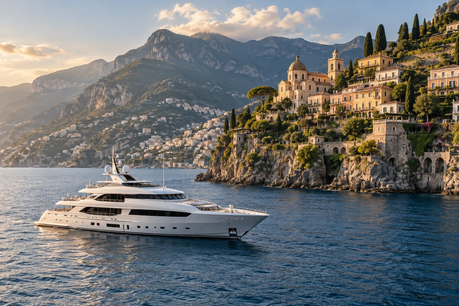 Motor yacht cruising beneath an Italian coastal village