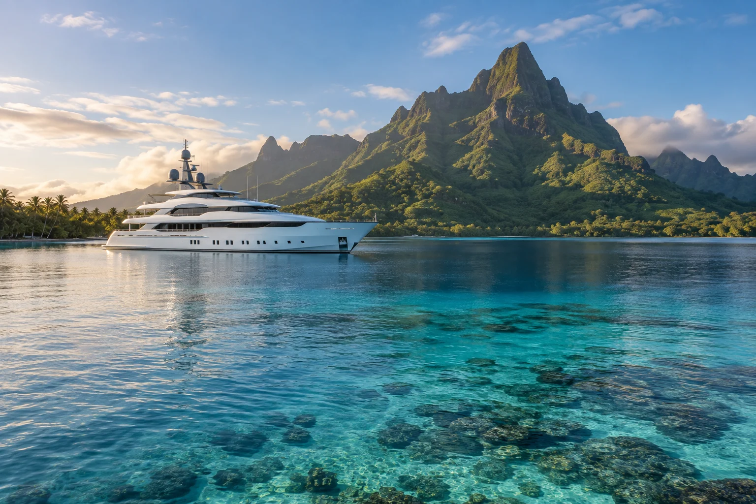 Motor yacht anchored in a South Pacific lagoon beneath a volcanic island
